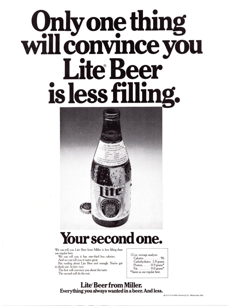 Miller Lite steinie bottle ad 1974