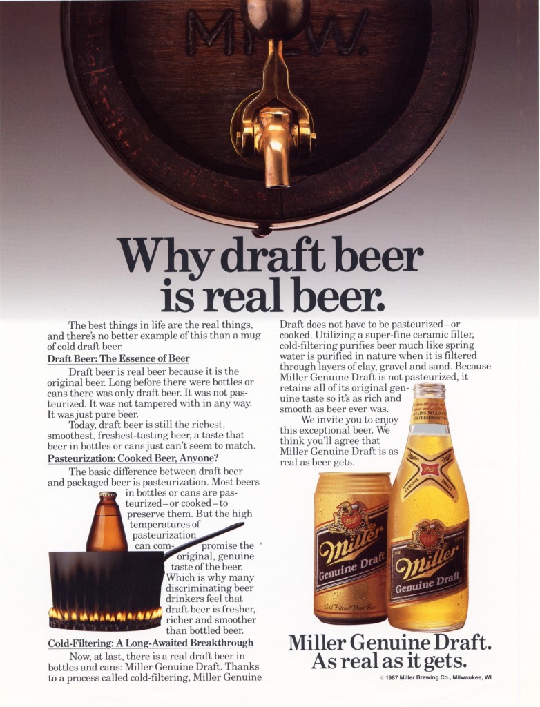 Miller Genuine Draft steinie bottle ad 1987